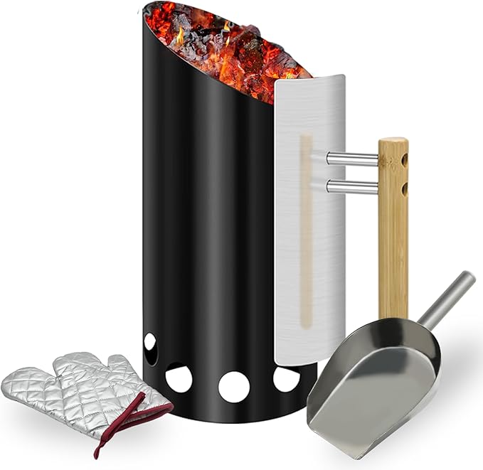 Charcoal Chimney Starter with Insulation Gloves and Briquet Shovel Set,Double Enameled Chimney Starter Double The Service Life with Heat Shield & Wood Handle Heat Insulation and Easy Grip