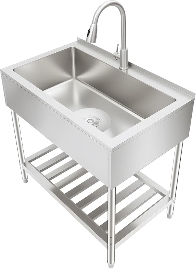 LOYALHEARTDY Stainless Steel Utility Sink 35.8" with Hose Hook Up ，Heavy-Duty Outdoor Sink Station for Laundry/Camping/Outdoor Kitchen, 201 SS Hand Washing Station & Kitchen Basin