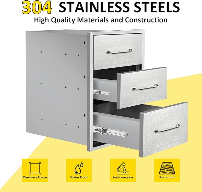 Outdoor Kitchen Drawers 15.7" W x 21.6" H x 17.7" D Flush Mount Triple BBQ Drawers with Chrome Handle Stainless Steel Drawer for Outdoor Kitchen Island, Patio Grill Station