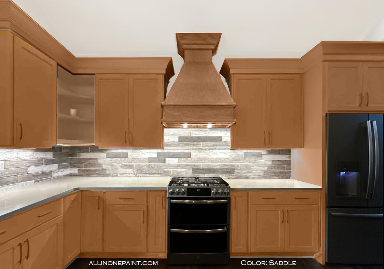 ALL-IN-ONE Paint, Durable cabinet and furniture paint. Built in primer and top coat, no sanding needed. Includes our 30 featured color card - Saddle (caramel brown), 8oz Sample