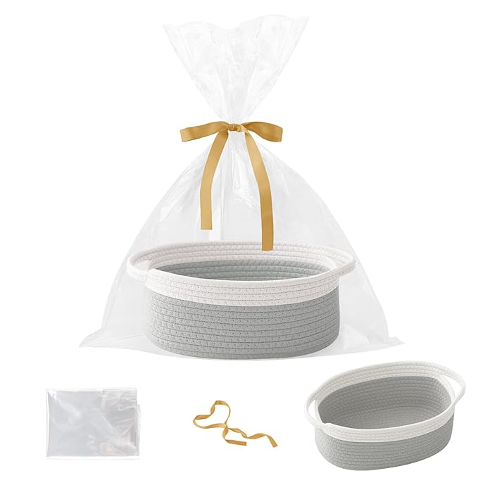 Gift Basket with Gift Bag and Ribbons,Small Rope Woven Shelf Storage,Baskets for Gifts Empty,Birthday,Baby Shower,Decorative Organizer Box with Handles(White&Grey)