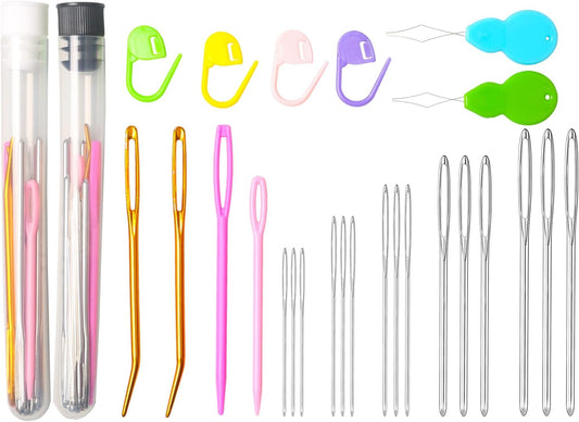 Hekisn 45Pcs Large Eye Blunt Yarn Needles Kit, Assorted Sizes Bent Tapestry Darning Needle, Sewing With Threaders & Stitch Markers for Knitting Crochet (White&Black)