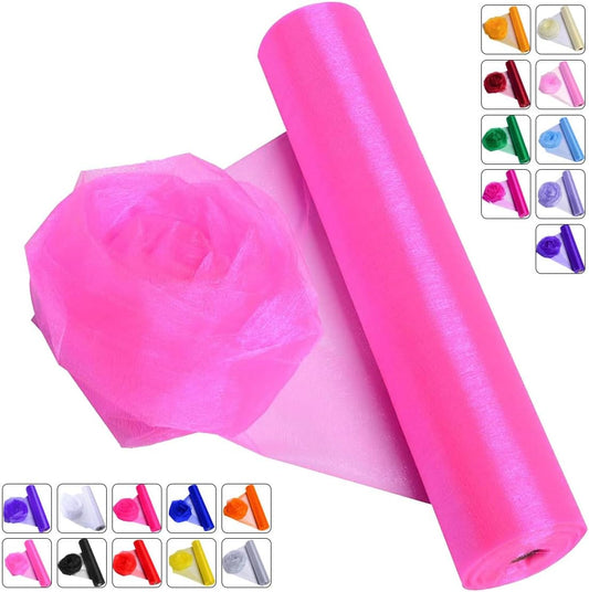Crystal Organza Fabric Tulle - 16" by 50 Yards Sheer Fabric for Wedding Party Decoration Bridal Shower Tutu Roll Netting Spool Ribbon Wrapping (Pink)