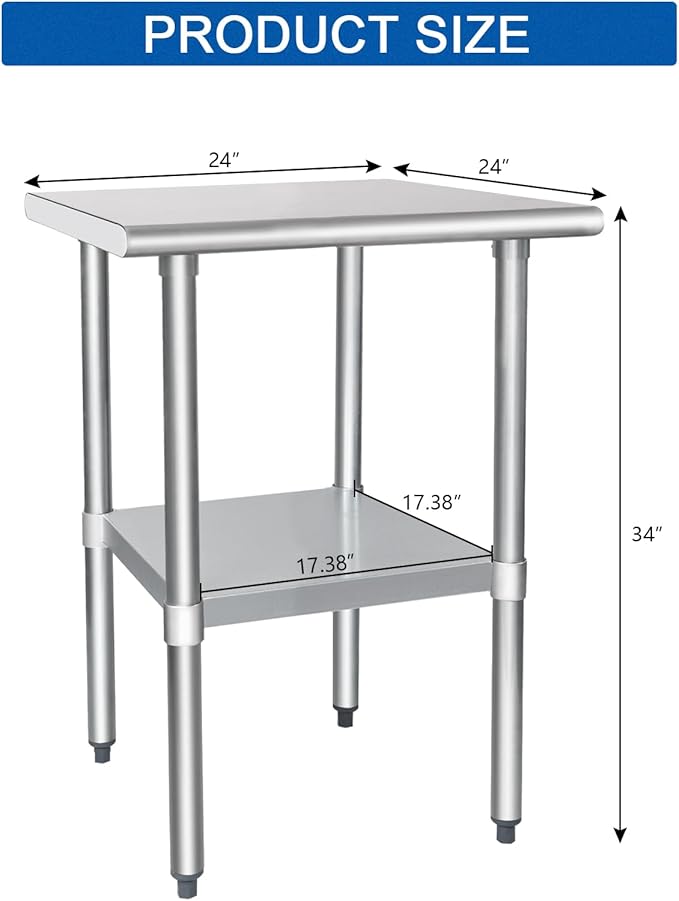 HARDURA Stainless Steel Table 24X24 Inches with Undershelf and Galvanized Legs NSF Heavy Duty Commercial Prep Work Table for Restaurant Kitchen Home and Hotel