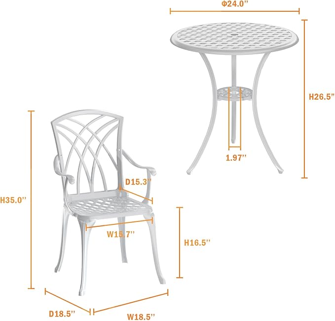 Patio Bistro Set 3 Piece, Cast Aluminum Bistro Set for 2 w/Umbrella Hole, Outdoor Table and Chairs Set of 2, Bistro Set for Balcony/Backyard/Garden, White