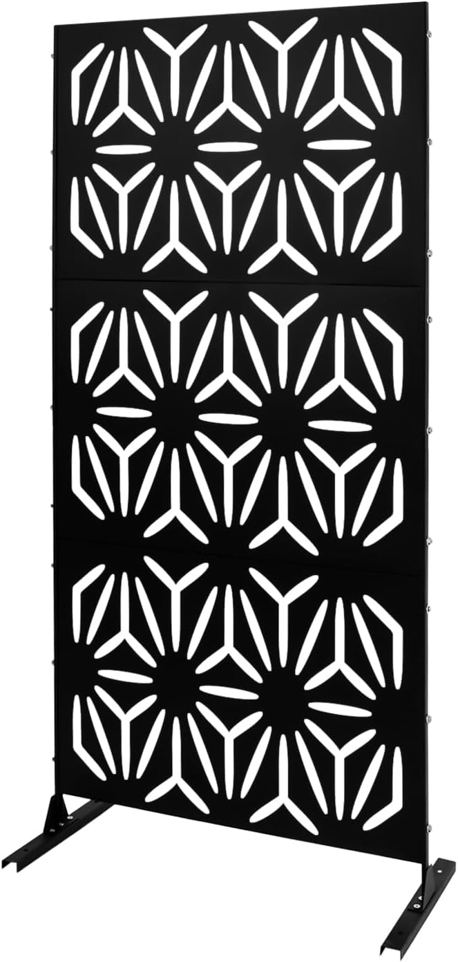 75" H×35" W Decorative Outdoor Privacy Screen with Stand, Outdoor Decor Privacy Fence Screen Metal Fence Panels, Free Standing Metal Divider for Patio Lawn Deck (Black-Flower)