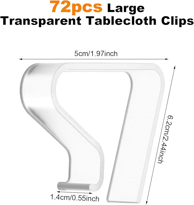 72pcs Large Transparent Tablecloth Clips, PVC Windproof Table Cover Holder Clamps for Indoor Outdoor Picnic, Wedding, Party, Camping