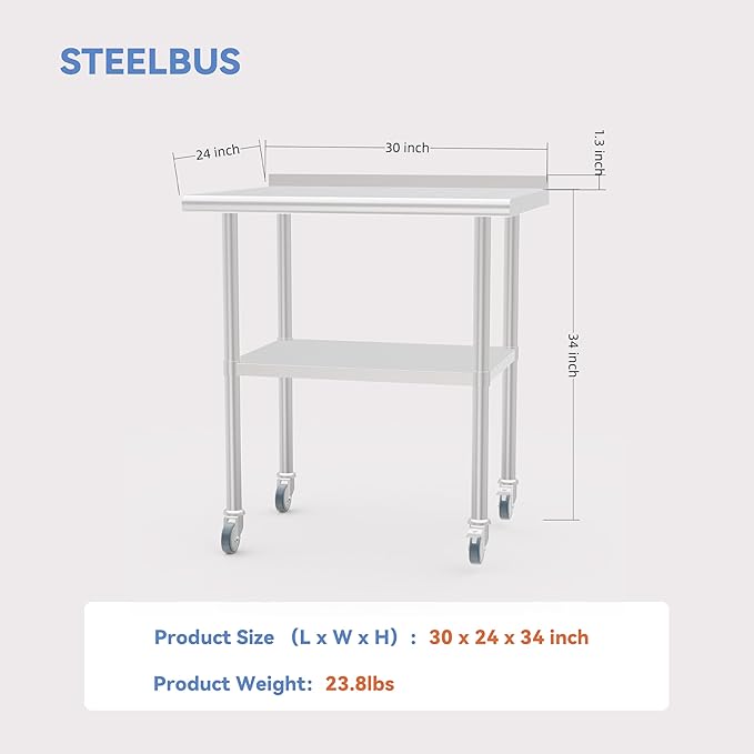 24x30 Inch Stainless Steel Work Table with Backsplash and Undershelf, Casters, Commercial Prep Table, Heavy Duty Kitchen Workbench, NSF Certified