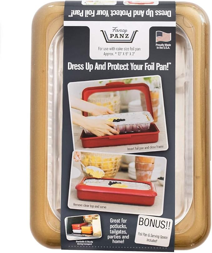 Fancy Panz - Gold Glitter 9x13x2" Aluminum Foil Pan Carrier with Lid - Elevated Food Serving Tray - Portable Casserole Carrier with Lid - Made in the USA Hosting Essentials