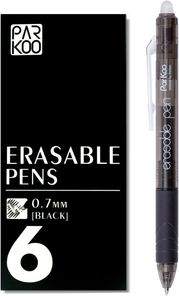 ParKoo Retractable Erasable Gel Pens Clicker, Fine Point, Make Mistake Disappear, Black Ink for Note Taking and Crossword Puzzles, 6-Pack