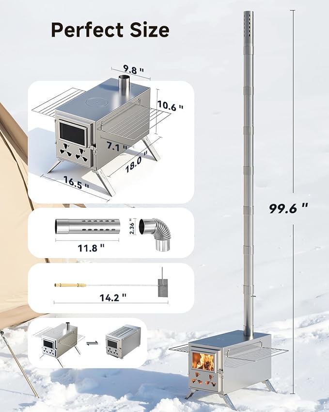 Hot Tent Wood Stove, Portable Camping Wood Burning Stove with 8 Stainless Chimney Pipes, Folding Wood Stove for Tent, Outdoor Heating, Cooking, Hunting, Ice Fishing