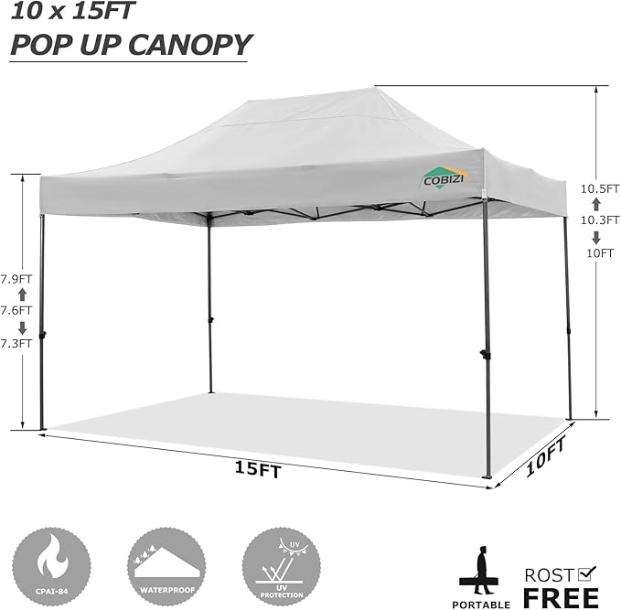 COBIZI 10x15 Pop up Canopy Tent 10x15 Canopy with 4 Sidewalls Waterproof Heavy Duty Commercial Canopy for Parties Outdoor Garden Gazebo Tent, Carry Bag(10x15ft, White)