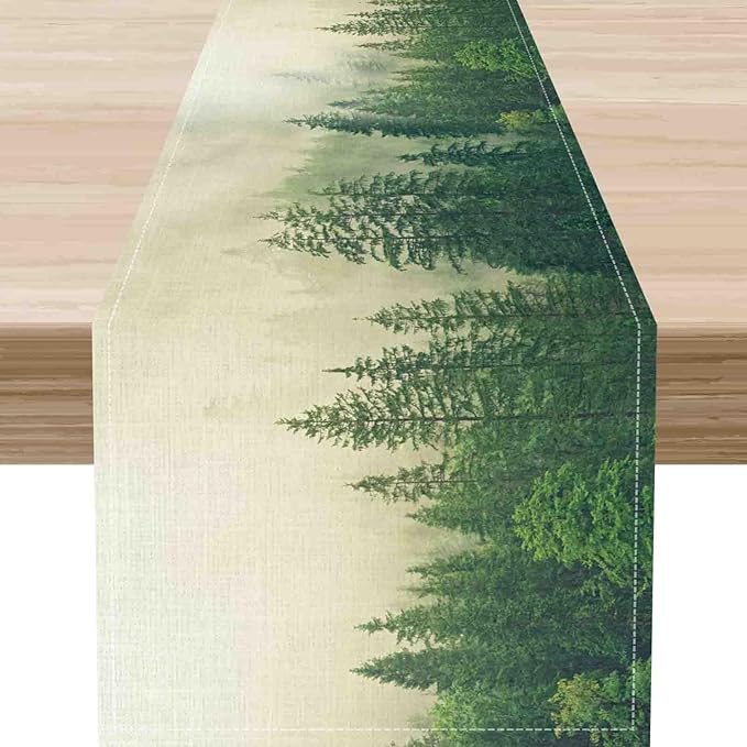 Forest Table Runner, Rustic Farmhouse Misty Pine Tree Woodland Jungle Mountain Country Coffee Table Center Decor for Kitchen Dining Patio Holiday Party Indoor Outdoor Table Decorations, 13"x36" Inch
