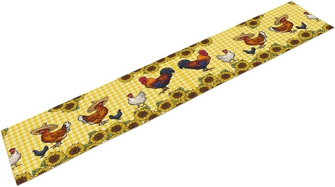 Farm Rooster Table Runner, Retro Western Farmhouse Chicken Sunflower Retro Yellow Buffalo Grid Print Table Runner for Dinning Holiday Party Indoor Outdoor Decor, 13x60inch
