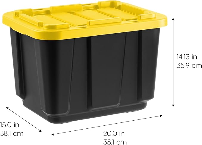 IRIS USA 4-Pack 12 Gallon Storage Bins with Lids |Made in USA| Heavy Duty Plastic Tote Containers for Truckbed Tool Box Organization, Large - Black/Yellow