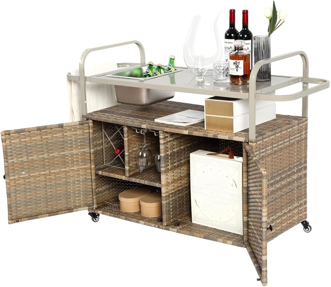 Outdoor Table, Wicker Cart with Cabinet, Patio Serving Cart with Steel Top, Lockable Wheels, Side Basket for Garden, Poolside & Backyard, Beige