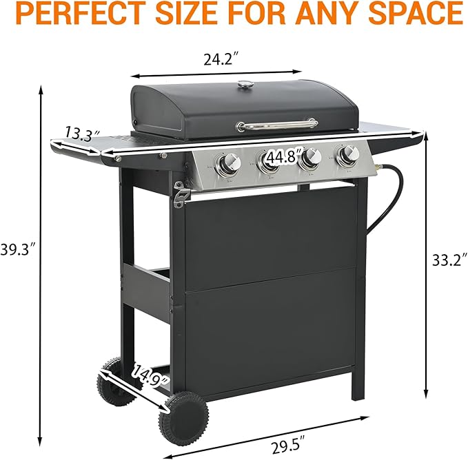 4-Burner Stainless Steel Gas Grill | 34,000 BTU Total Output & 421 sq.in Cooking Area | Powerful Even-Heat System for Large Family BBQs & Backyard Parties