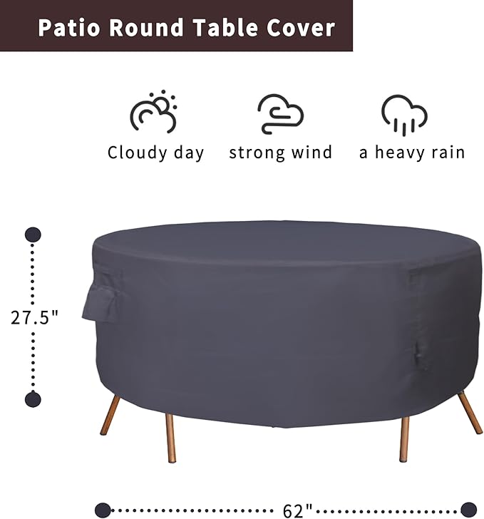 Round Patio Furniture Cover, Heavy Duty and Waterproof for Outdoor Furniture covers, Round outdoor table cover, Patio table cover 62"DIA x 27.5"H Black