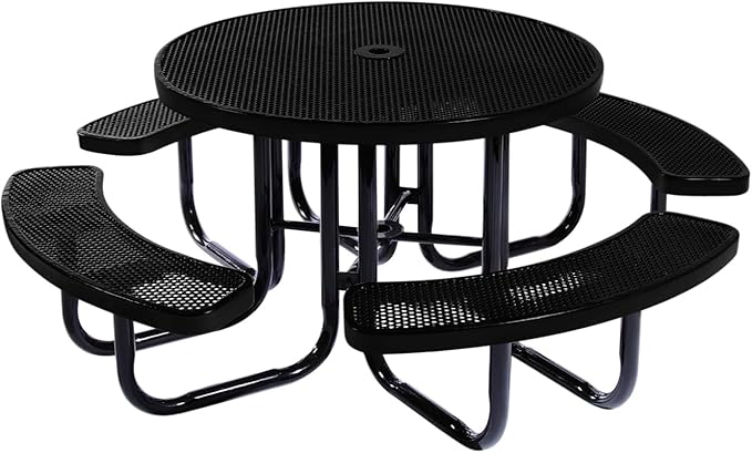 COATEDOUTDOORFURNITURE Heavy-Duty Portable Outdoor Picnic Table with Umbrella Hole, Punched Steel Commercial-Grade Patio Dining Furniture Made in America (46" Round Top, Textured Black)