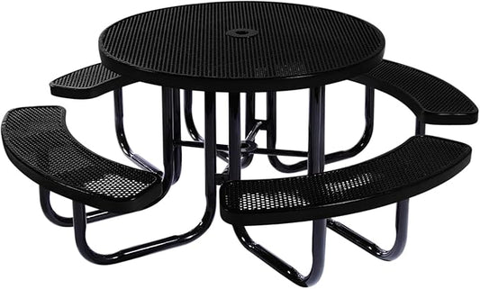 COATEDOUTDOORFURNITURE Heavy-Duty Portable Outdoor Picnic Table with Umbrella Hole, Punched Steel Commercial-Grade Patio Dining Furniture Made in America (46" Round Top, Textured Black)
