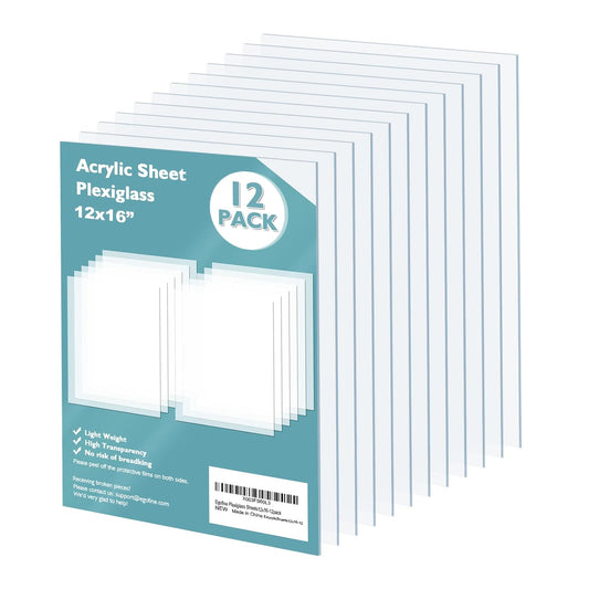 Egofine Plexiglass Sheets Acrylic Sheets 12 Pack of 12x16’’ 0.04 Thick Clear Plastic Cast Transparent Plexi Glass for Crafting Projects, Replacement Picture Frame Glass, DIY Display, Easy to Cut