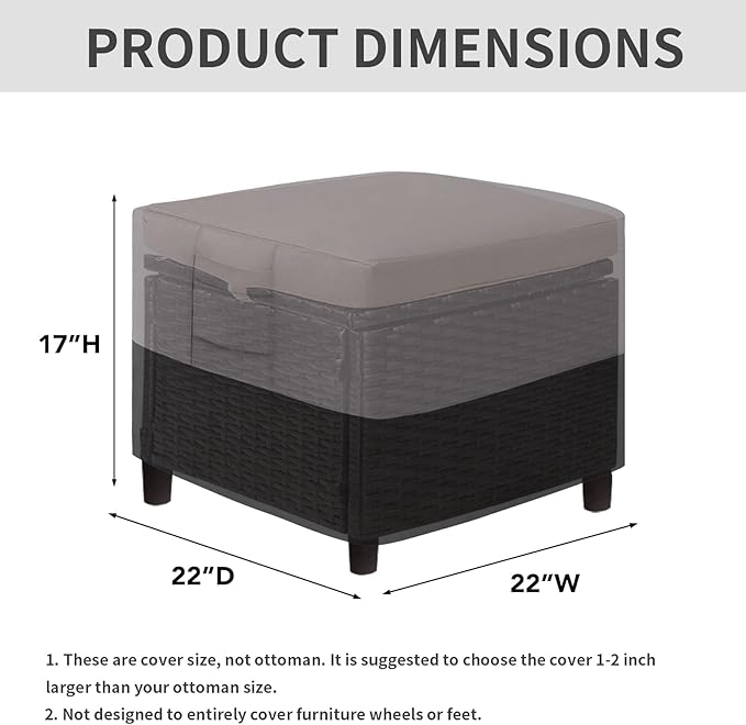 Easy-Going Outdoor Ottoman Cover, Waterproof Patio Ottoman Cover, Heavy Duty Outdoor Furniture Cover with Padded Handles (22"x22"x17", Gray/Black)