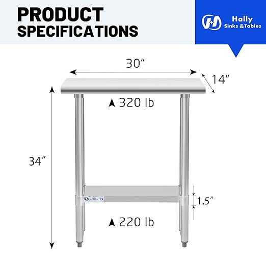 Hally Stainless Steel Table for Prep & Work 14 x 30 Inches, NSF Commercial Heavy Duty Table with Undershelf and Galvanized Legs for Restaurant, Home and Hotel