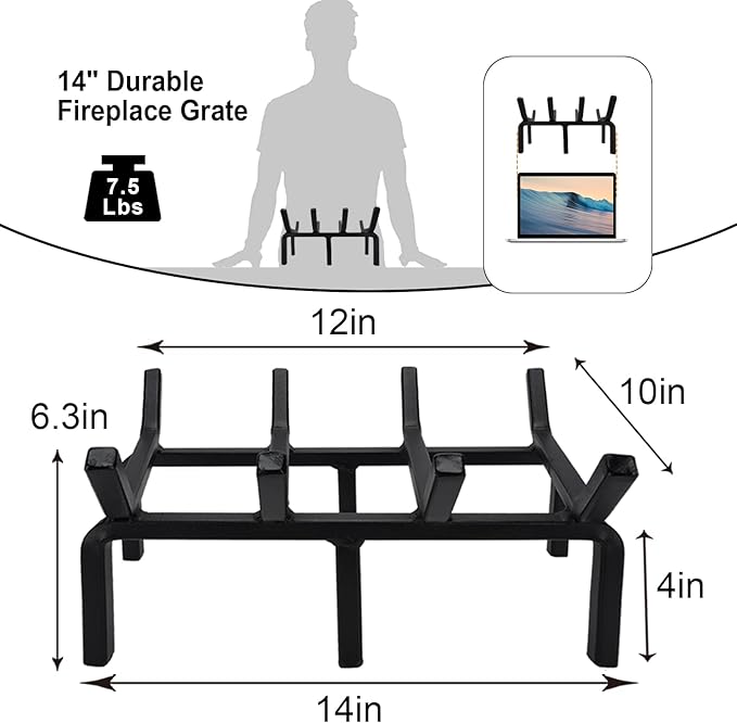 Fireplace Log Grate, Small 14Inch Heavy Duty Solid Steel Wood Rack Stove Firewood Holder for Indoor Hearth Outdoor Fire Pit Chimney Hearth Kindling Tool