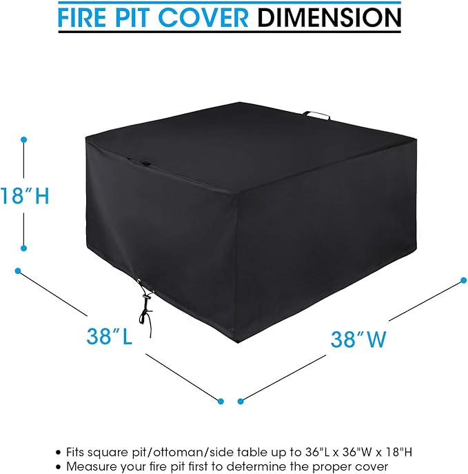 Unicook Square Fire Pit Cover 38 Inch, Heavy Duty Waterproof Fire Table Cover, Outdoor Firepit Protector with Drawstring and Handles, All Weather Protection, Black