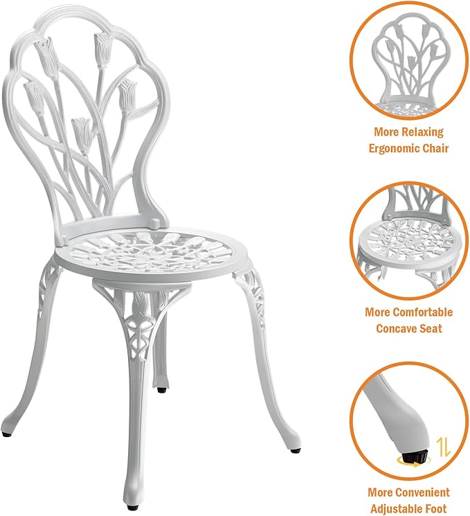 Outdoor Bistro Table and Chairs Set of 2, 3 Piece Patio Bistro Set w/Umbrella Hole, Rust-Resistant Cast Aluminum Bistro Set for Garden/Balcony/Backyard, White
