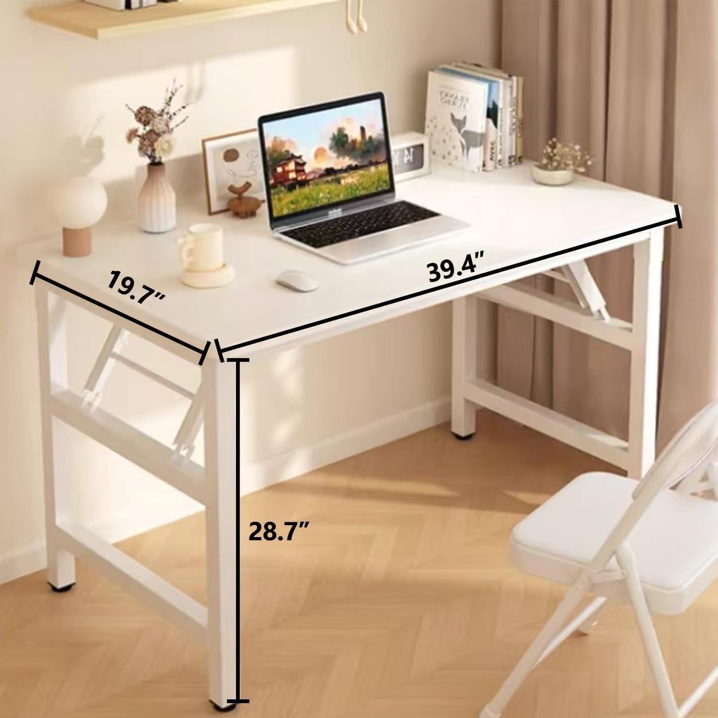 39.4 Inch Foldable Desks for Small Spaces,Foldable Desk No Assembly,Small Table for Bedroom,White.