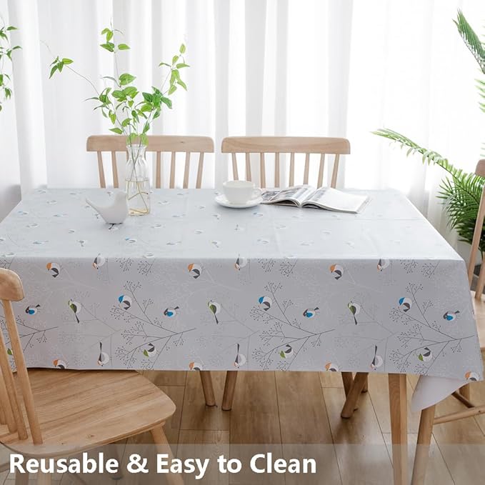 TruDelve Heavy Duty Plastic Table Cloth Rectangle Table Vinyl Tablecloth with Flannel Backing Oilcloth Waterproof Tablecloths (78'' x 54'', Birds-1)
