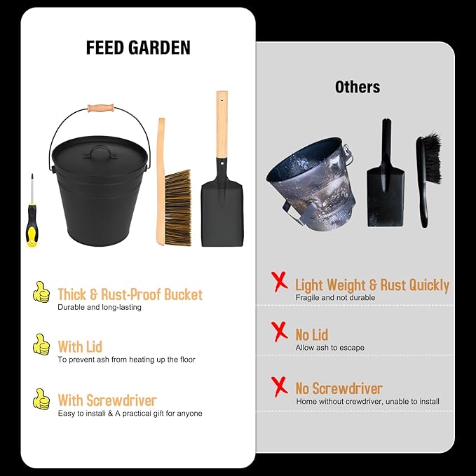 FEED GARDEN 3.5 Gallon Ash Bucket with Lid,Shovel,Broom and Screwdriver, Ash Can for Fireplace Fire Pits,Hearth,Wood Stoves,Fireplace Galvanized Iron Bucket,Pellet Charcoal BucketIndoor Outdoor，Black