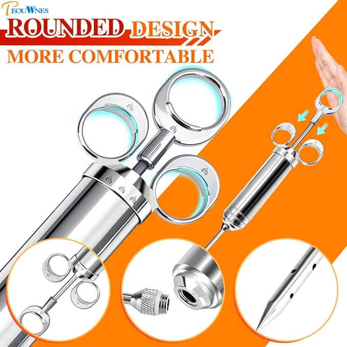 304-Stainless Steel Meat Injector Syringe Kit with 3 Marinade Needles for BBQ Grill Smoker, Turkey, Beef, Fish,Brisket, 2-oz Large Capacity, Silicone Brush and Cleaning Brush