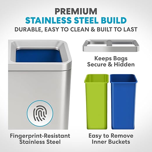 70 Liter / 18.5 Gallon Rectangular Open Top Dual Compartment Recycling Trash Can, Stainless Steel (40L x 30L Capacity) Ideal for Restaurants, Coffee Shops, Gym and Households