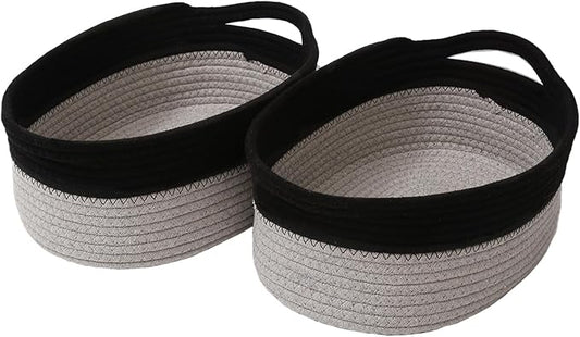 Woven Basket,Small Rope Storage Bin with Handles & Ribbon Bag, Organizer for Shelves Closets,Gift Basket Empty for Birthday,Books,Dog Toys, Black&Grey/2 Pack