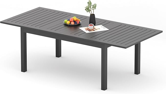 Expandable Aluminum Outdoor Dining Table, 3-Adjustable Lengths Patio Dining Table for 6-10 Person, 91.7" L x 33.5" W Metal Patio Table with Umbrella Hole Adjustable Feet for Garden Porch Deck, Grey