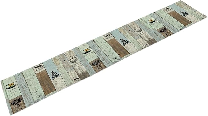 Rustic Farmhouse Table Runner, Vintage Country Blue Green Wooden Board Cow Chicken Pig Windmill Print Table Runner for Kitchen Dining Room Wedding Party Decor, 13x108inch