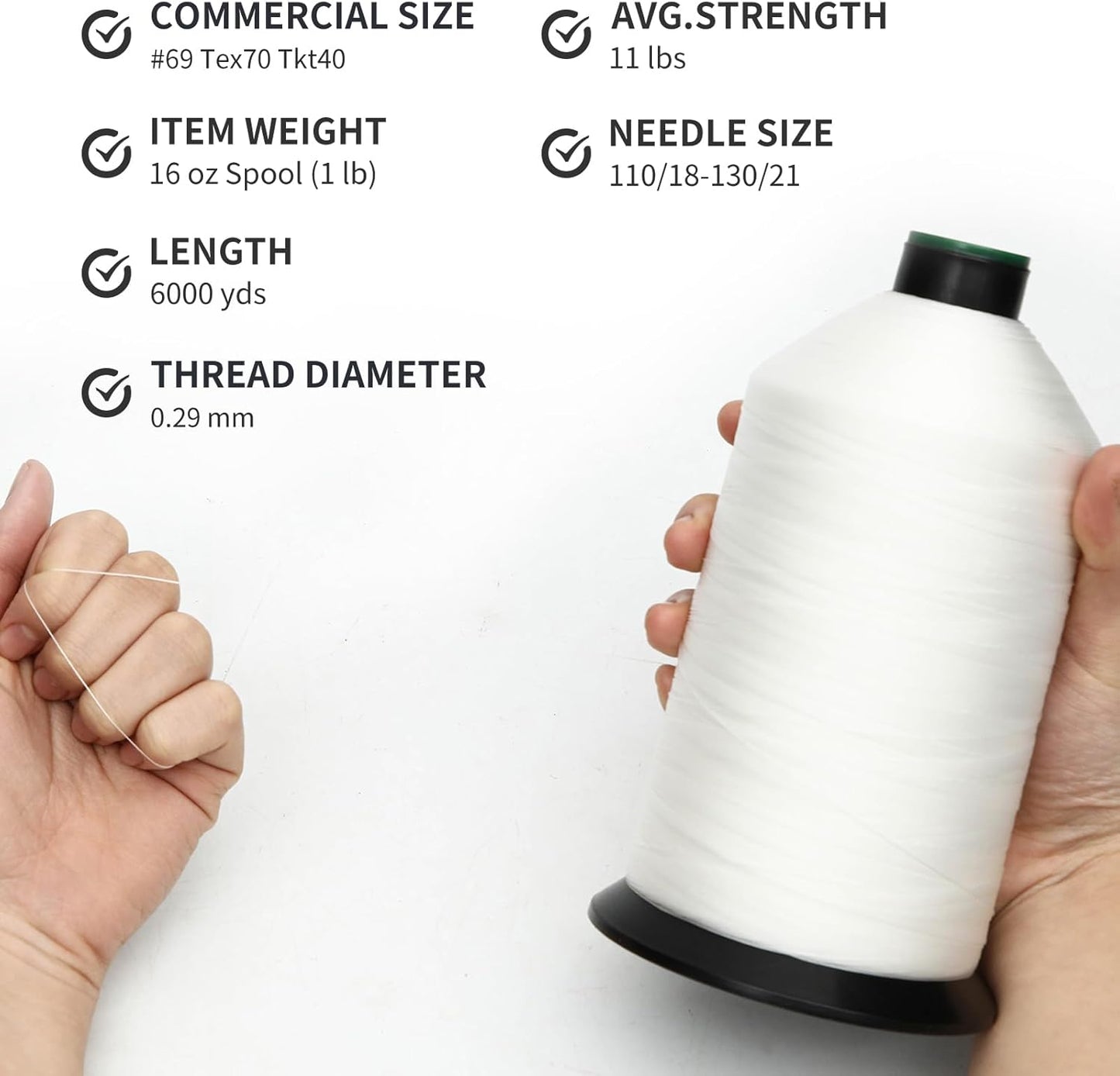 Extra Strong Bonded Nylon Thread #69 Tex70 – 16 OZ, 6000yds, Versatile Stitching Solution for Leather, Upholstery, Canvas Repair and More (White)