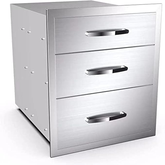 BBQ Outdoor Kitchen Drawers Stainless Steel 3-Drawer Enclosed Built-in Flush Mount for Outdoor Kitchens & BBQ Islands, 18Wx23Dx21H