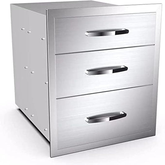 BBQ Outdoor Kitchen Drawers Stainless Steel 3-Drawer Enclosed Built-in Flush Mount for Outdoor Kitchens & BBQ Islands, 18Wx23Dx21H