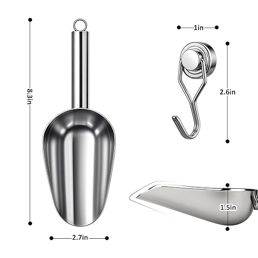 Juome 6oz Stainless Steel Ice Scoop for Freezer with Magnetic Holder, Metal Ice Scoop for Ice Machine, Small Ice Cube Scooper for Freezer Bin for Ge Profile Opal 2.0 Nugget Ice Maker
