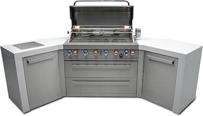 Mont Alpi 44-Inch MAi805-D45 Deluxe 45 Degree 6-Burner 115000 BTU Deluxe Stainless Steel Island Outdoor Kitchen Gas Barbecue Grill w/Granite Countertops & Sides + Storage Drawers & Cabinets