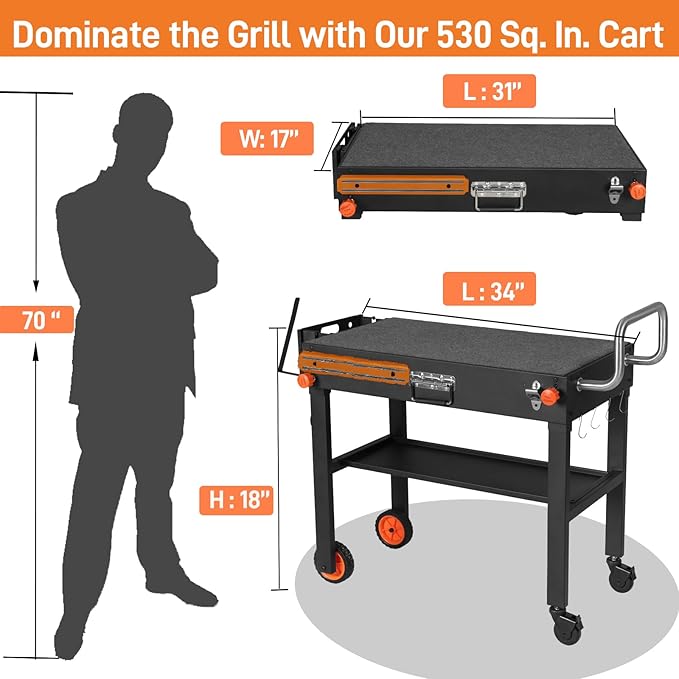 Rolling Grill Cart with Spice Rack, Blackstone Stand for 17"& 22" Griddle, Grill Stand with Storage Shelf, Griddle Table for Ninja, Weber, Portable Grills Table for Patio, Backyard, Camping