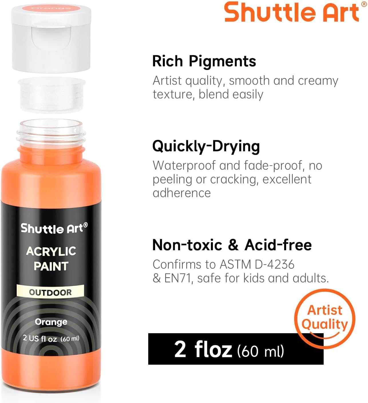 Shuttle Art Outdoor Acrylic Paint Set, 36 Colors 2oz/60ml Waterproof Acrylic Paint with 10 Brushes 1 Palette, Rich Pigmented Paints for Artists, Beginners on Rocks, Wood Crafts, Garden Statues