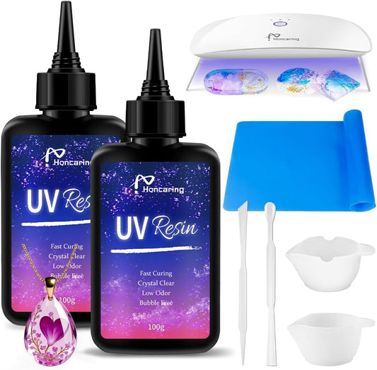 UV Resin Kit 200g with UV Light, Hard Type UV Resin Kit, Upgraded Formula & Crystal Clear UV Resin for Jewlery Making, 100g*2 Resin UV Kit with Light for Earring, Pendant, DIY