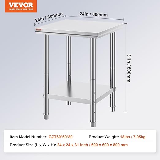 Vevor Stainless Steel 24 x 24 x 32 Inch Commercial Kitchen Prep & Work Table Heavy Duty Metal Work Table with Adjustable Feet for Restaurant, Home and Hotel : Industrial & Scientific