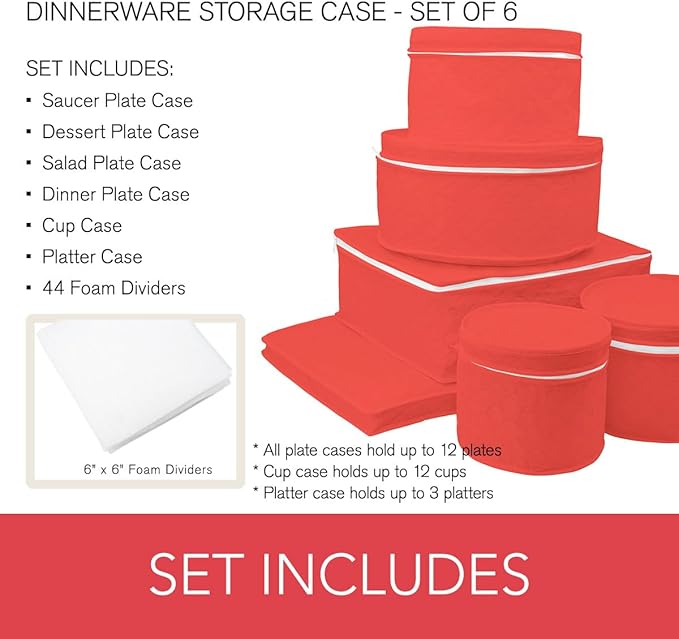 LAMINET 6 Piece Quilted Dinnerware Storage Starter Set - Includes 4 Plate Cases, 1 Cup Case & Platter Case - RED