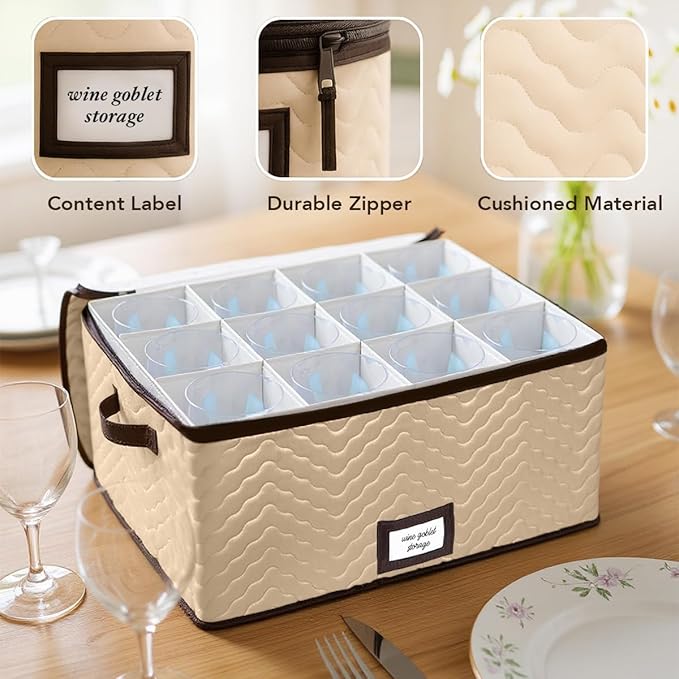 Wine Glass Storage Box with Dividers - Stemware Storage Case, Durable Quilted Microfiber Bin with Carry Handles, Protects Fine China - (1 Pack, Red Wine Glass)