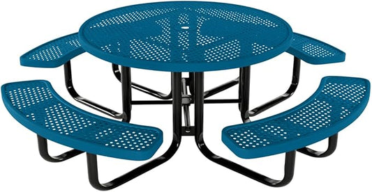 COATEDOUTDOORFURNITURE Heavy-Duty Portable Outdoor Kids Table with Umbrella Hole, Punched Steel Kids Picnic Table, Commercial-Grade, Made in America (46 in, Round, Childrens, Light Blue)